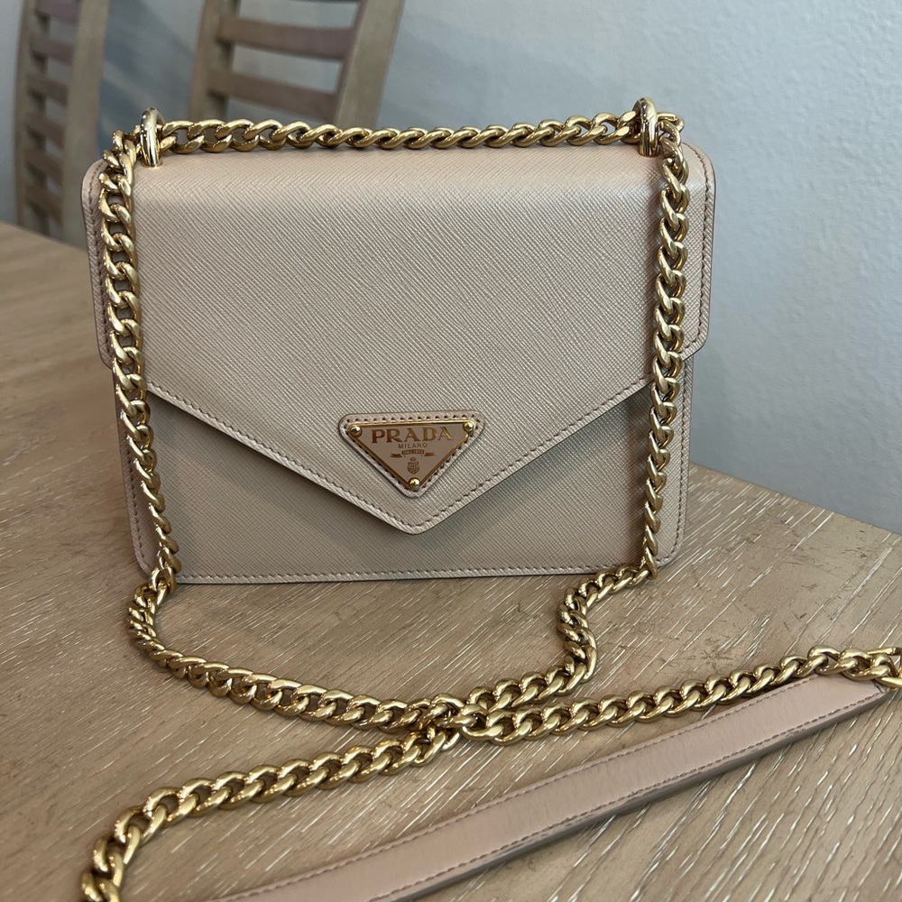 Prada Envelope Flap Chain Shoulder bag Saffiano Leather Small Beige - Picture 2 of 9